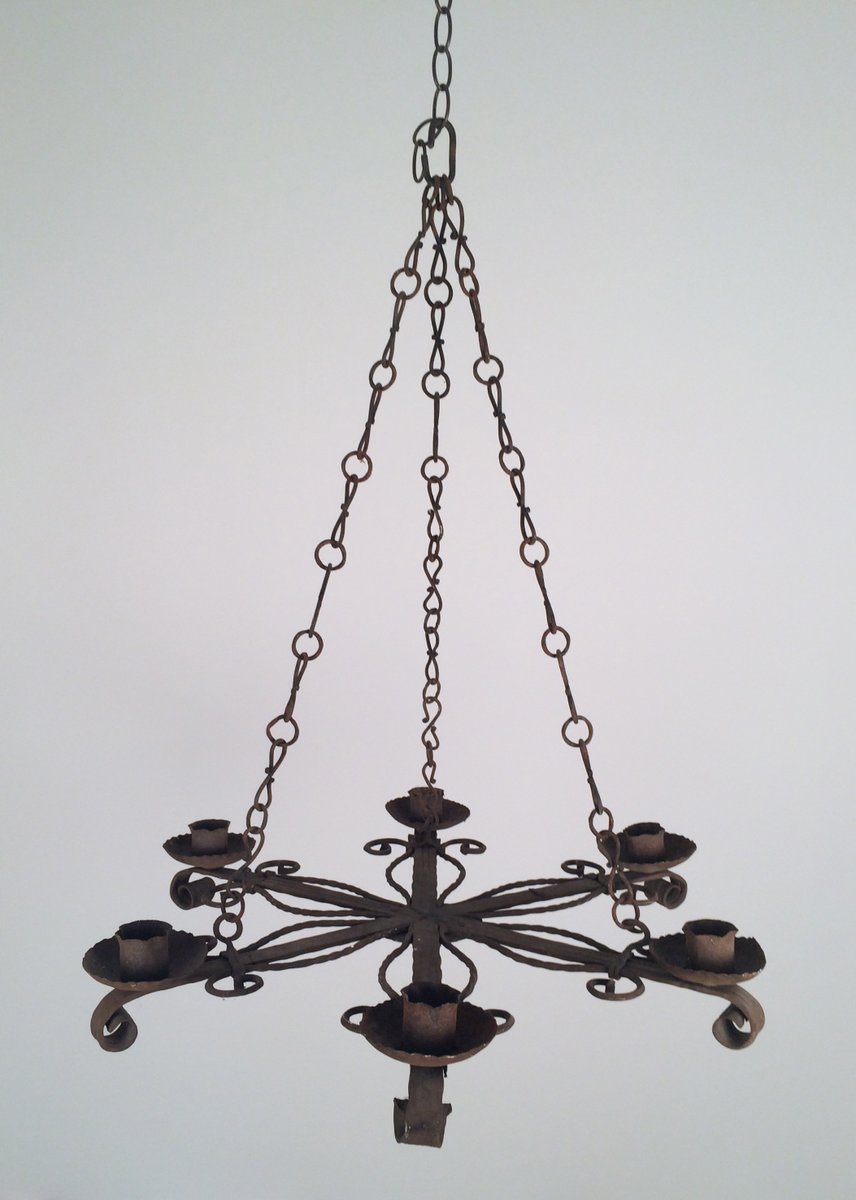 Wrought Iron Chandelier with 5 Candle Holders, 1920s for sale at Pamono Wrought Iron Chandelier with 5 Candle Holders, 1920s for sale at Pamono