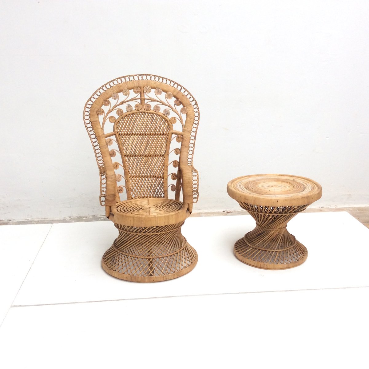Vintage Indonesian Rattan Peacock Chair and Table, 1970s for sale at Pamono