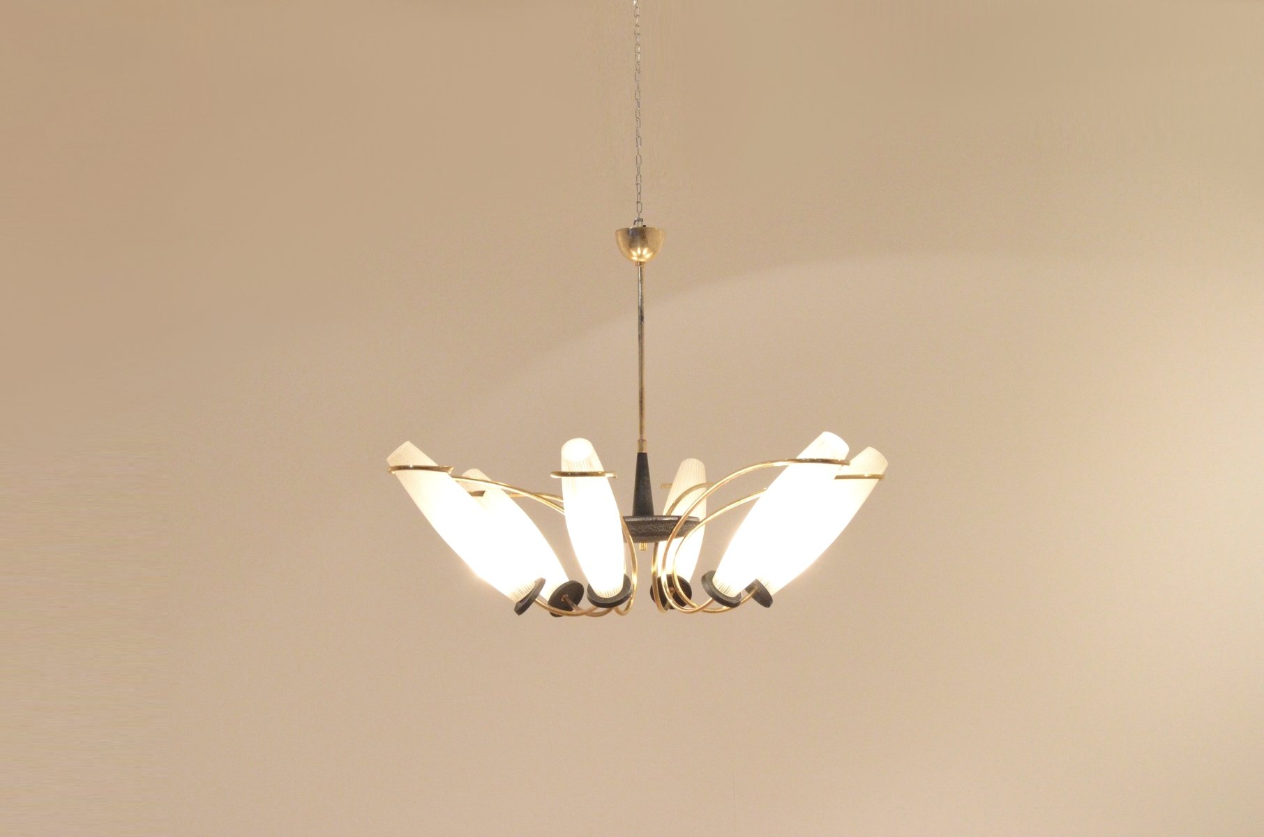 Mid Century Italian Etched Glass Brass Chandelier For At Pamono