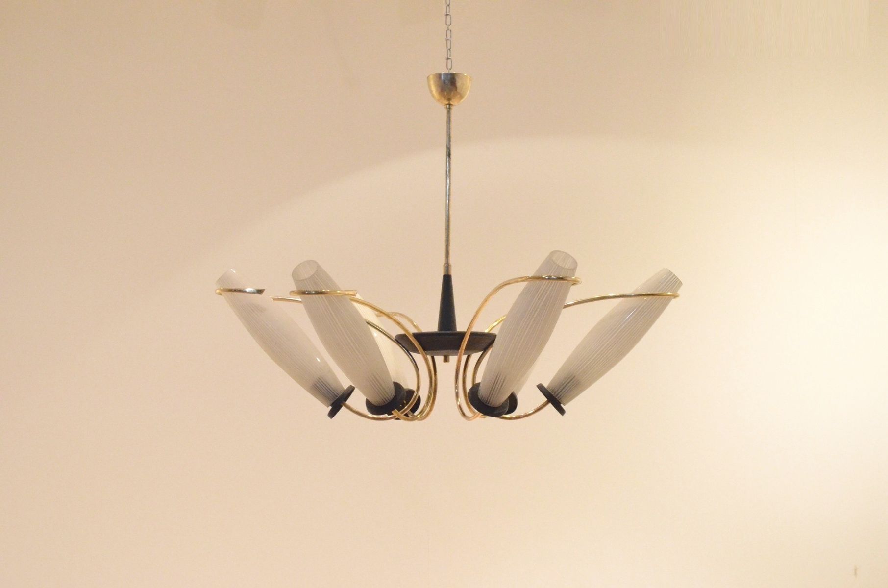 Mid Century Italian Etched Glass Brass Chandelier For At Pamono