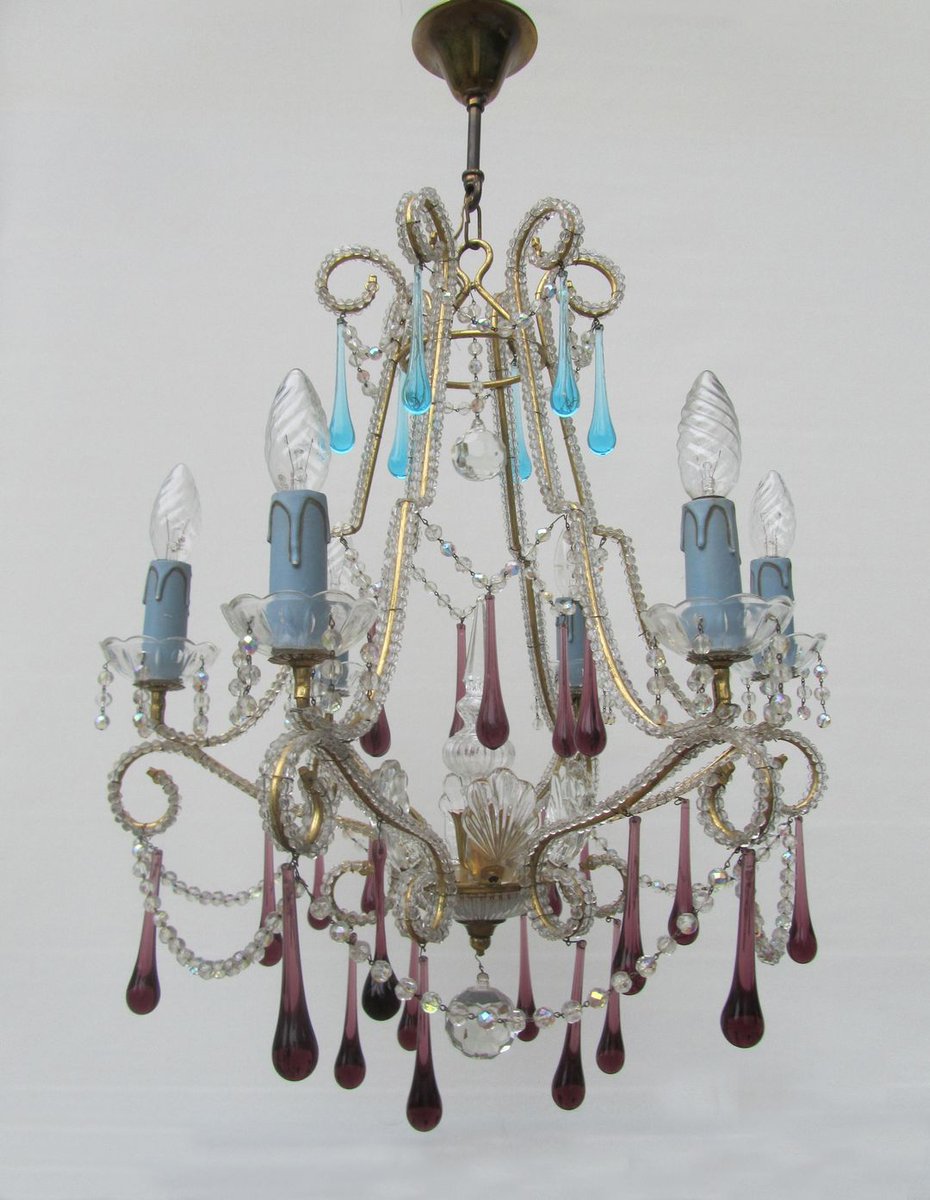 Vintage Italian Crystal Beaded 6 Light Chandelier With Purple Vintage Italian Crystal Beaded 6 Light Chandelier With Purple Azure Drops
