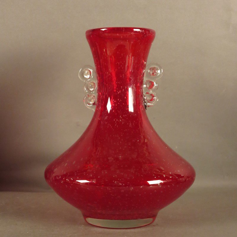 vintage red glass vase with handle from murano 1950s 1