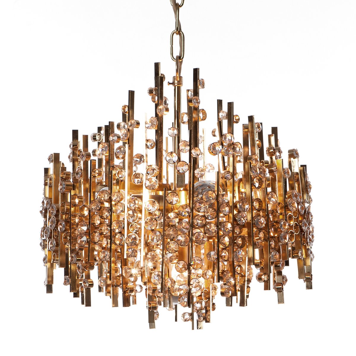 Five Light Gold Plated Brass And Crystal Chandelier From Palwa Five Light Gold Plated Brass And Crystal Chandelier From Palwa 1960s