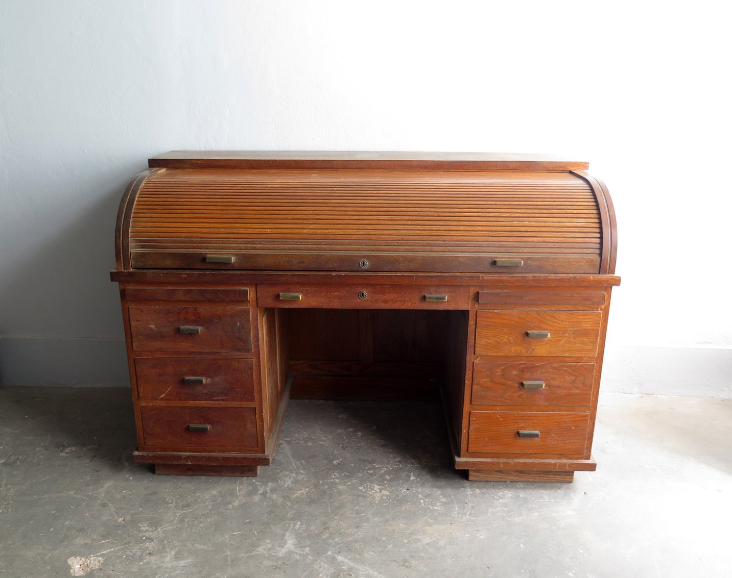 Vintage Wooden Tambour Door Desk With Br Handles For At Pamono Vintage Wooden Tambour Door Desk With Br Handles