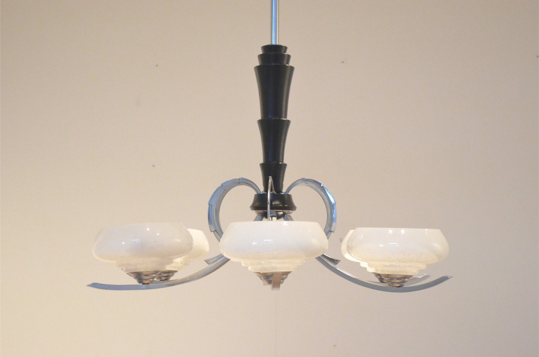 Vintage French Art Deco Black Wood Chrome Chandelier For At Vintage French Art Deco Black Wood Chrome Chandelier