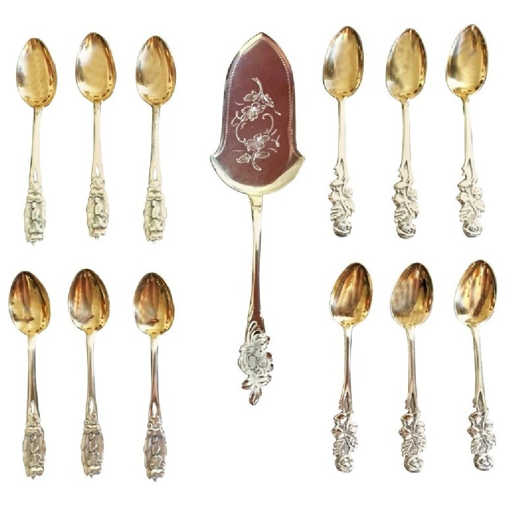 French Silver And Gold Tea Or Coffee Spoons With Cake Server 1950s French Silver And Gold Tea Or Coffee Spoons With Cake Server 1950s