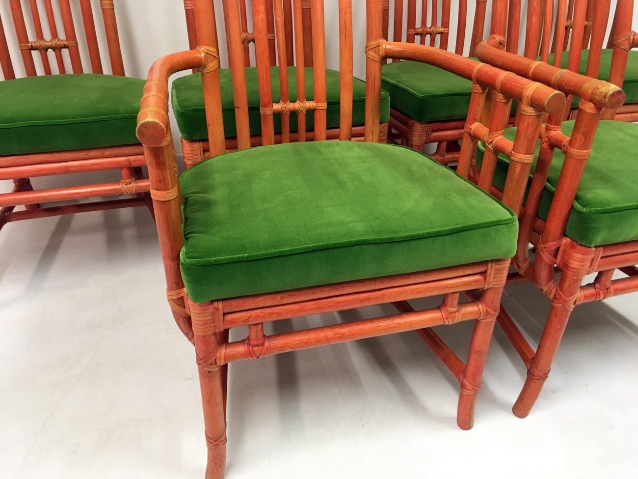 Vintage Red Bamboo and Green Velvet Dining Chairs from Mcguire, Set of