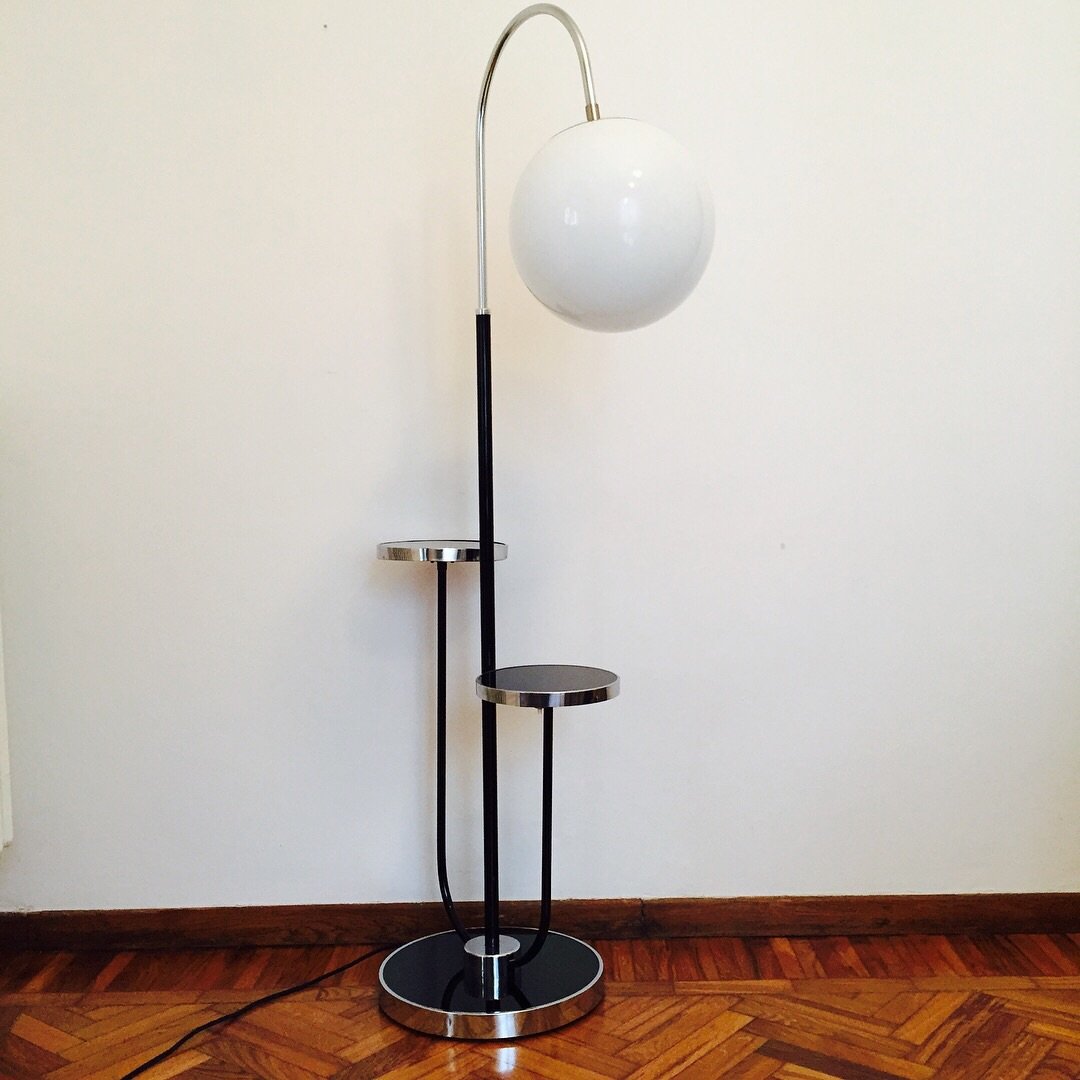Vintage Bauhaus Floor Lamp with 2 Small Tables by Jindřich Halabala for