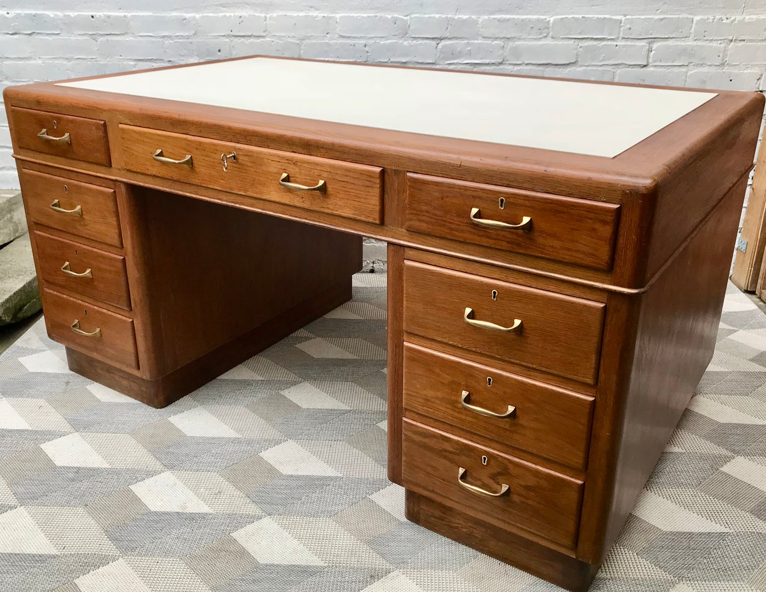 Large MidCentury Pedestal Desk with Drawers for sale at Pamono