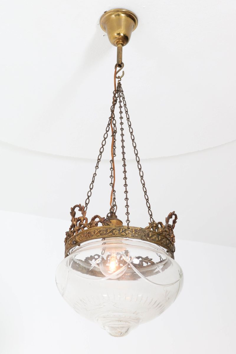 Antique French Art Nouveau Brass And Beveled Glass Ceiling Lamp For Antique French Art Nouveau Brass And Beveled Glass Ceiling Lamp