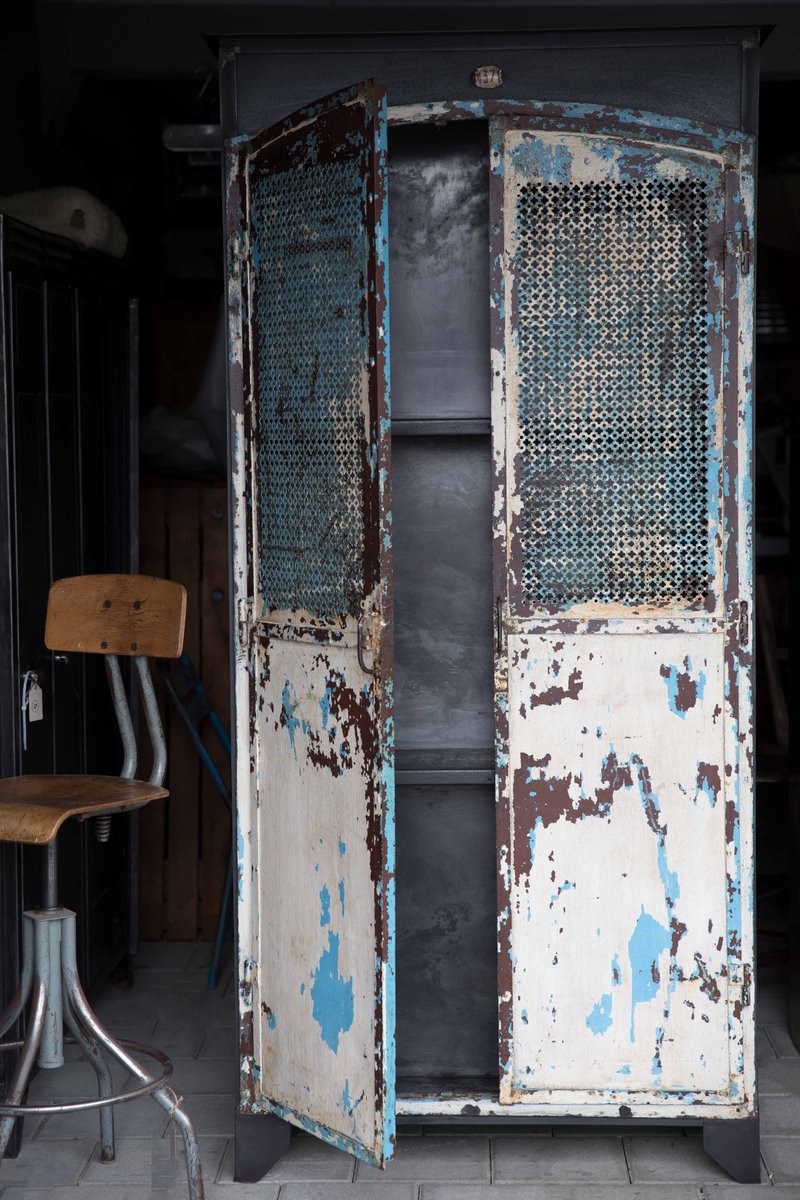 Vintage Industrial Medical Cabinet With Perforated Metal Doors Bei