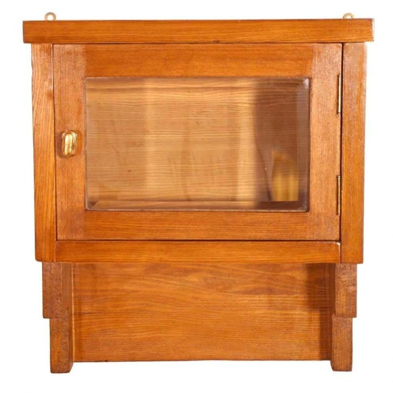 Small Art Deco Beveled Crystal Oak Wall Apothecary Or Display Cabinet
