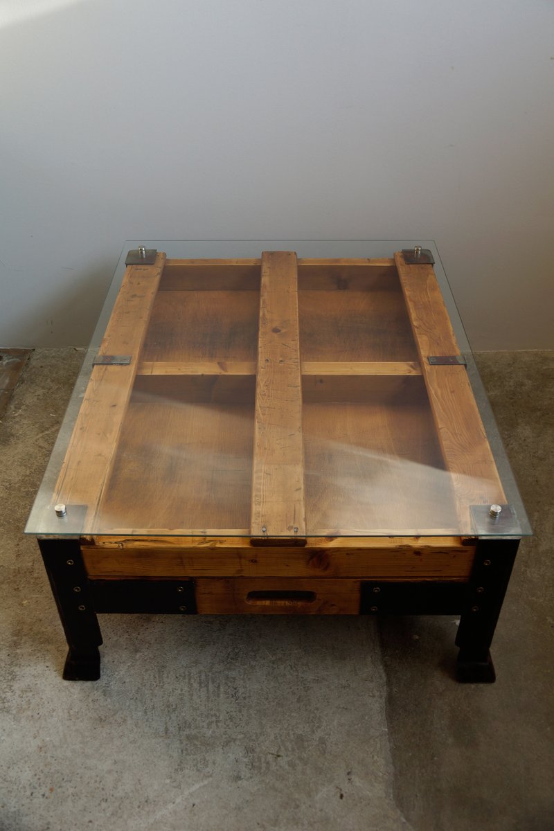 Industrial Pallet Coffee Table With Glass Top For Sale At