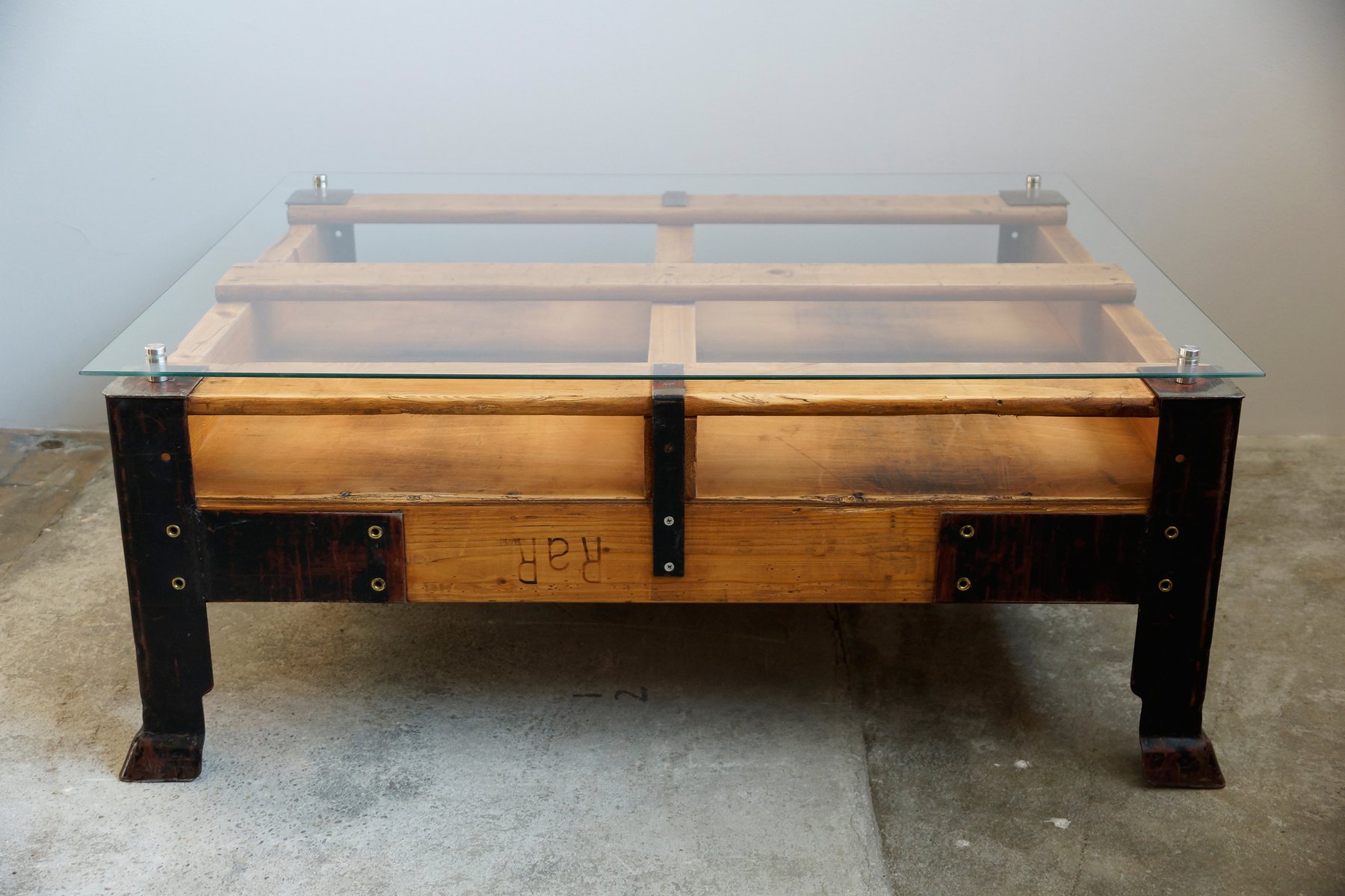 Industrial Pallet Coffee Table With Glass Top For Sale At