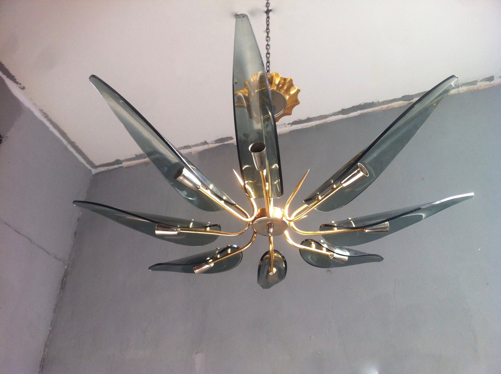 Mid Century Italian Smoked Curved Glass Chandelier For At Pamono