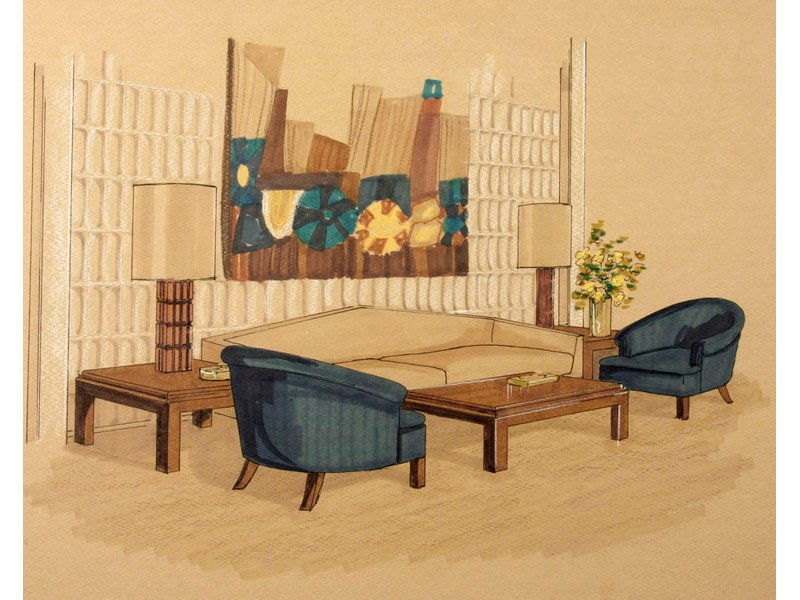 American Mid-Century Interior Drawing, 1950s for sale at Pamono American Mid-Century Interior Drawing, 1950s for sale at Pamono